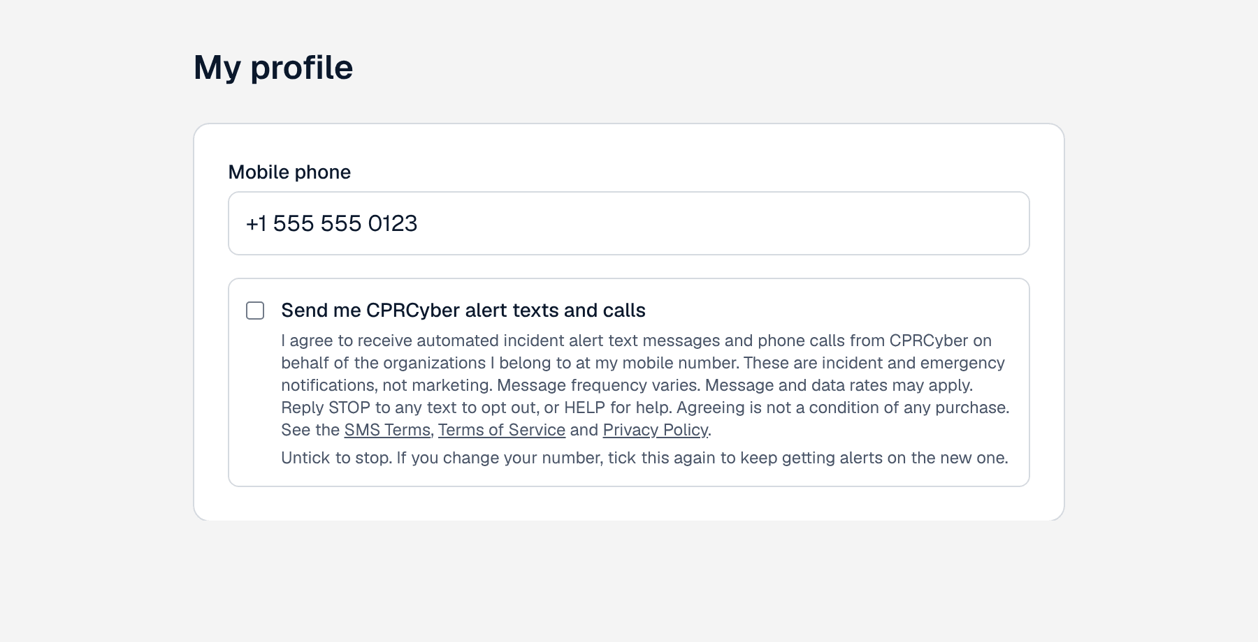 My profile checkbox labelled Send me CPRCyber alert texts and calls, with the consent wording